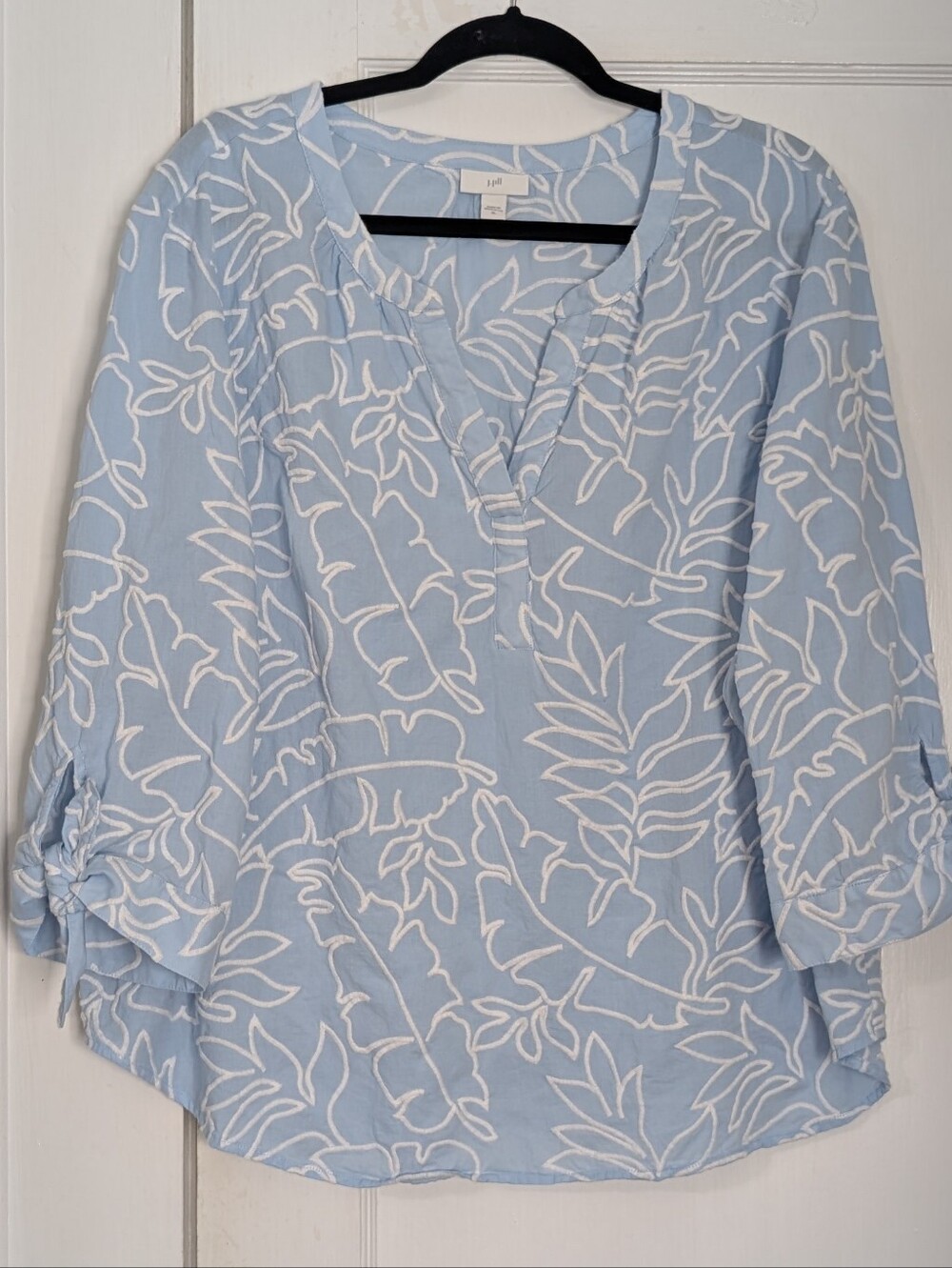 J Jill Women's XL Embroidered 3/4 Sleeve Top Light Blue 100% Cotton Boho Coastal